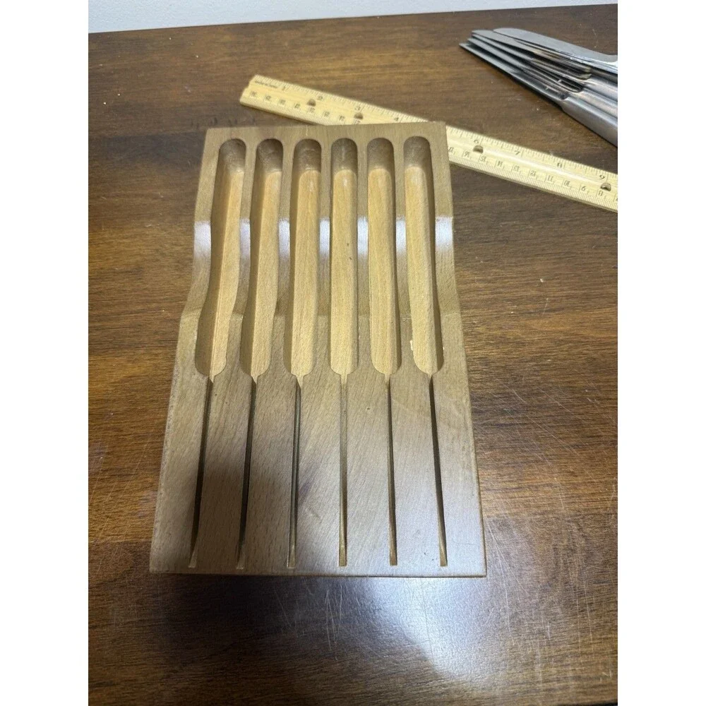 Vintage MCM Steak Knife Set 6pc Stainless Steel Oak Block Stand Curved Japan